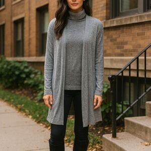 Grey Cardigan S 100% Cotton Lightweight Pockets Open Long Line Casual